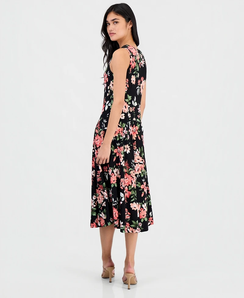 Robbie Bee Petite Floral-Print Draped-Neck Midi Dress