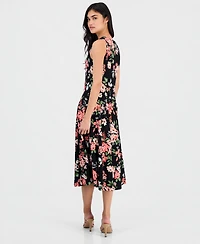 Robbie Bee Petite Floral-Print Draped-Neck Midi Dress
