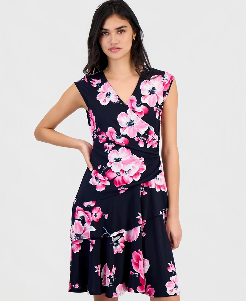 Robbie Bee Petite Floral-Print Ruffle Cap-Sleeve Dress