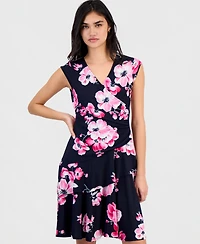 Robbie Bee Petite Floral-Print Ruffle Cap-Sleeve Dress