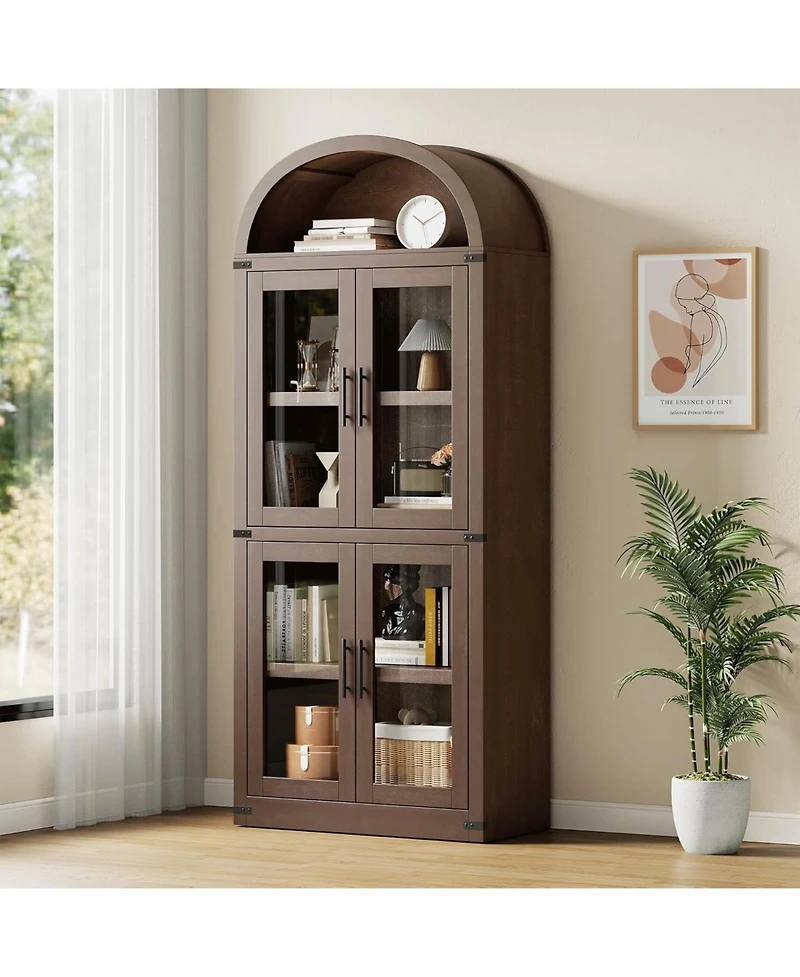 gaomon 71.6" Arched Display Cabinet, 5-Tier Arched Bookcase with Glass Doors, Bookshelf, Kitchen Pantry, Modern Fluted Wooden Storage
