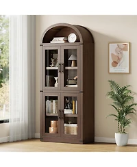 gaomon 71.6" Arched Display Cabinet, 5-Tier Arched Bookcase with Glass Doors, Bookshelf, Kitchen Pantry, Modern Fluted Wooden Storage