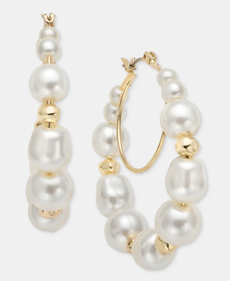 Anne Klein Medium Baroque Imitation Pearl Hoop Earrings, 1.7"