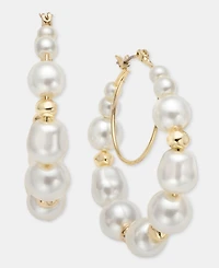 Anne Klein Medium Baroque Imitation Pearl Hoop Earrings, 1.7"