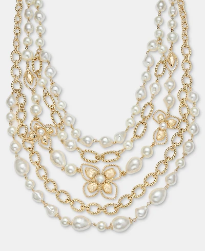 Anne Klein Imitation Pearl Flower Layered Statement Necklace, 16" + 3" extender
