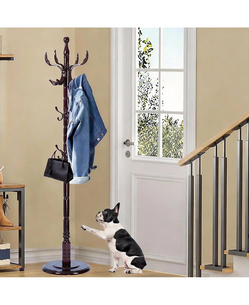 Yigii Wooden Coat Rack with Tree Design, 14 Hooks, Sturdy Base, Vintage Style