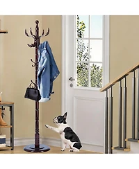 Yigii Wooden Coat Rack with Tree Design, 14 Hooks, Sturdy Base, Vintage Style