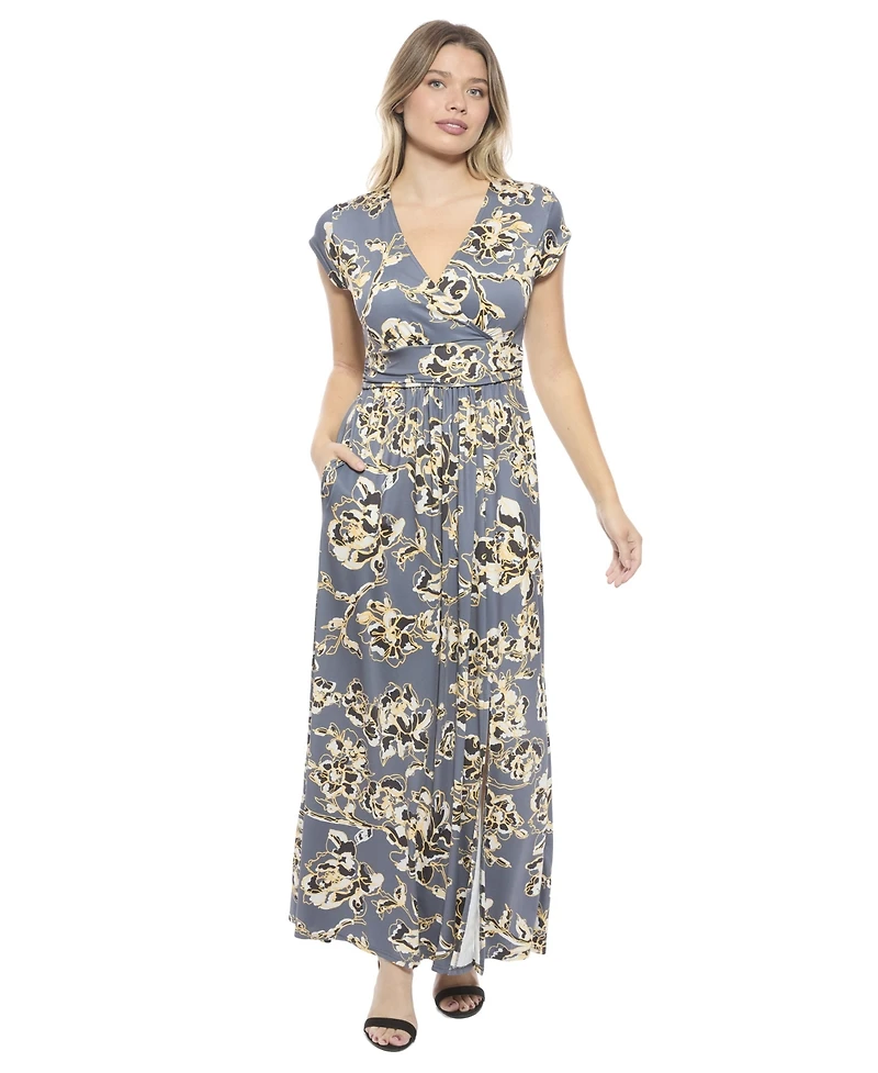 24seven Comfort Apparel Women's Floral V-Neck Cap Sleeve Side Slit Pocket Maxi Dress