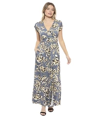 24seven Comfort Apparel Women's Floral V-Neck Cap Sleeve Side Slit Pocket Maxi Dress