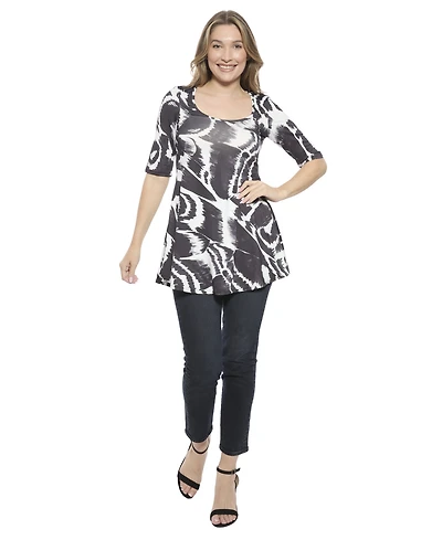 24seven Comfort Apparel Women's Abstract Scoop Neck Elbow Sleeve Tunic Top