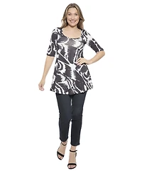 24seven Comfort Apparel Women's Abstract Scoop Neck Elbow Sleeve Tunic Top