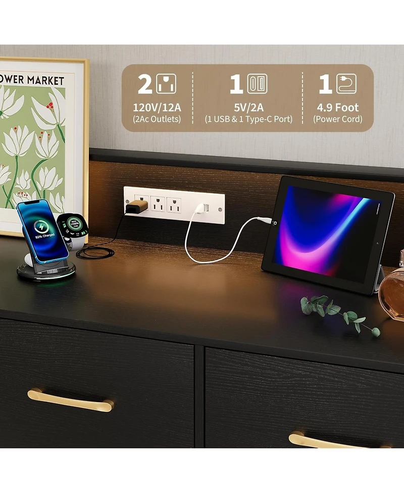 gaomon 5 Drawer Dresser for Bedroom, 47 Modern Wooden with Led Lights Charging Station, Wide Chest of Drawers Storage Organizer Nursery