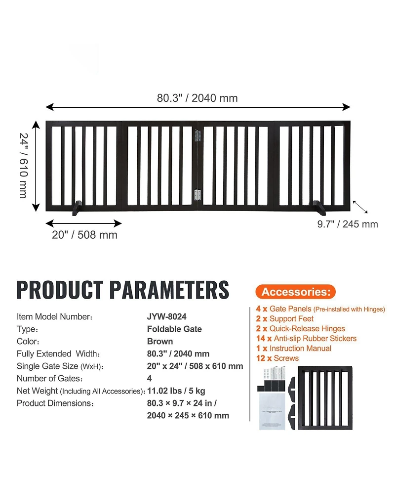 Cozito 4-Panel Folding Indoor Pet Gate, 24" H x 80.3" W, Adjustable Barrier with Quiet Foot Pads