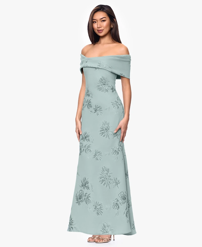 Betsy & Adam Petite Off-The-Shoulder Ball Gown