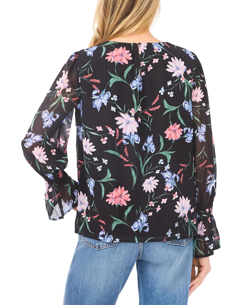 CeCe Women's Smocked Cuff Crewneck Blouse