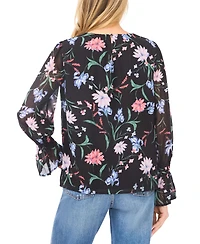 CeCe Women's Smocked Cuff Crewneck Blouse