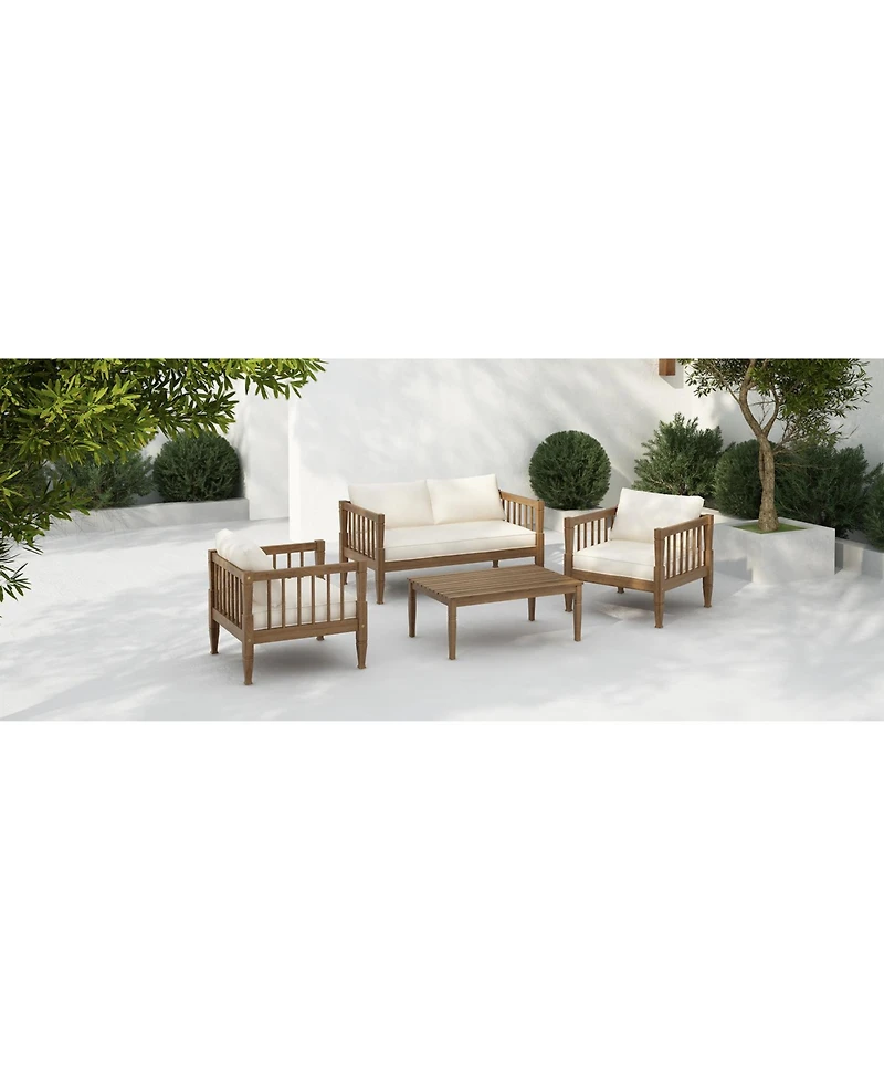 Flynama 4 Piece Light Brown Patio Conversation Set with Acacia Wood Frame Coffee Table Thick Cushions for Backyard Porch Balcony