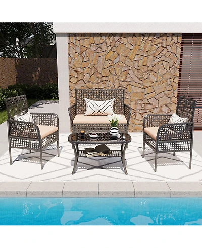 Flynama 4 Piece Outdoor Patio Pe Rattan Conversation Set with Tempered Glass Table Soft Cushions for Backyard Pool Lawn