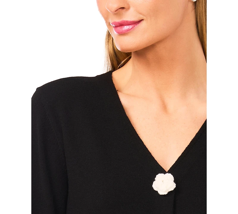 CeCe Women's Crochet Flower Snap Detail V-Neck Cardigan