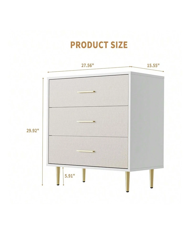 Gaomon Modern White 3-Drawer Slim Nightstand, Gold Metal Legs Bedside Dresser for Small Bedroom Spaces