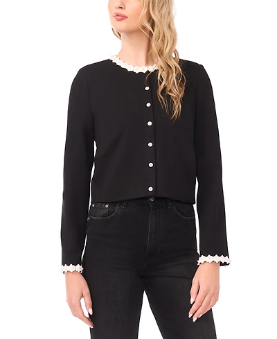 CeCe Women's Crochet Floral Trim Detail Crewneck Cardigan