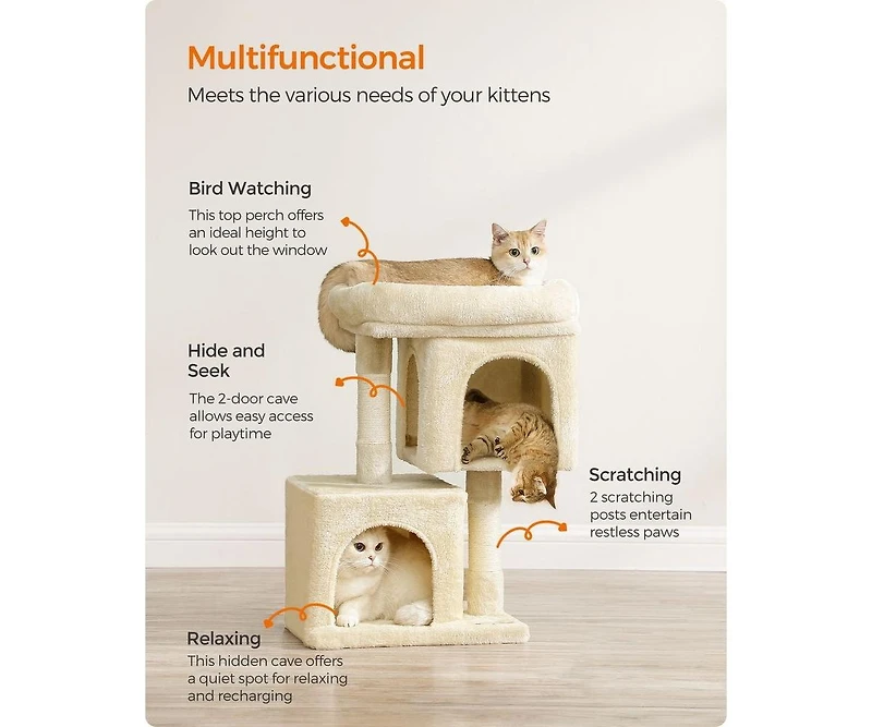 Cozito 26.4-Inch Indoor Pet Play Tower with 2 Cat Caves, Scratching Posts, Top Perch, Anti-Tip Kit