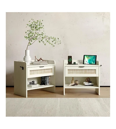 gaomon Set of 2 White Rattan Nightstands, 1-Drawer Bedside Table with Type-c Charging Station & Open Storage