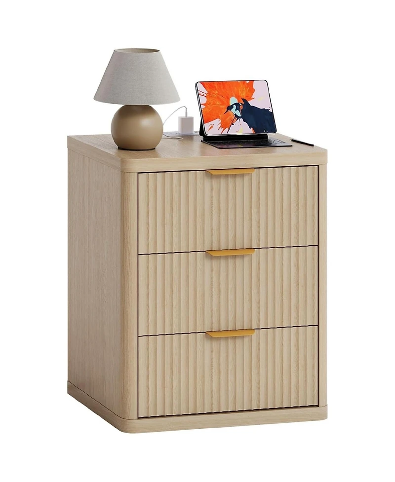 gaomon 1PC Natural Fluted Nightstand, 3-Drawer Bedside Table with Charging Station & Open Storage