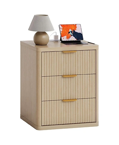 gaomon 1PC Natural Fluted Nightstand, 3-Drawer Bedside Table with Charging Station & Open Storage