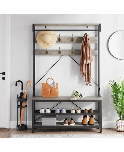 gaomon 72" Industrial Hall Tree with Shoe Bench, Storage Shelf & 8 Double Hooks for Entryway, Grey