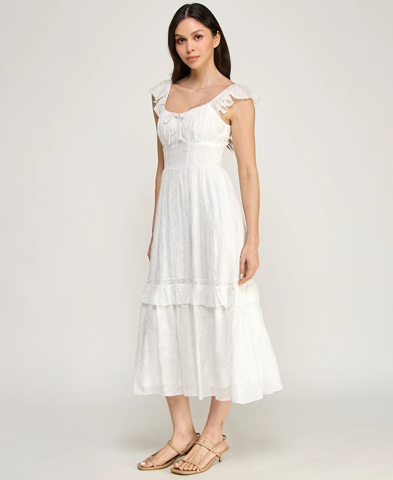 Row A Women's Flutter Sleeve Embroidered Midi Dress