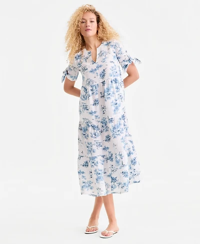 Charter Club Women's 100% Linen Printed Tiered Fit & Flare Dress, Macy's Exclusive
