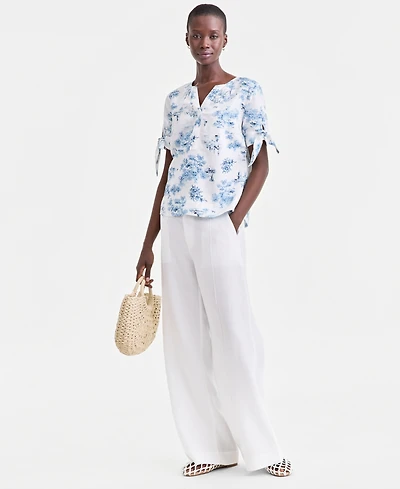 Charter Club Plus Linen Solid Split-Neck Tie-Cuff Top, Exclusively at Macy's