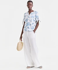 Charter Club Plus Linen Solid Split-Neck Tie-Cuff Top, Exclusively at Macy's