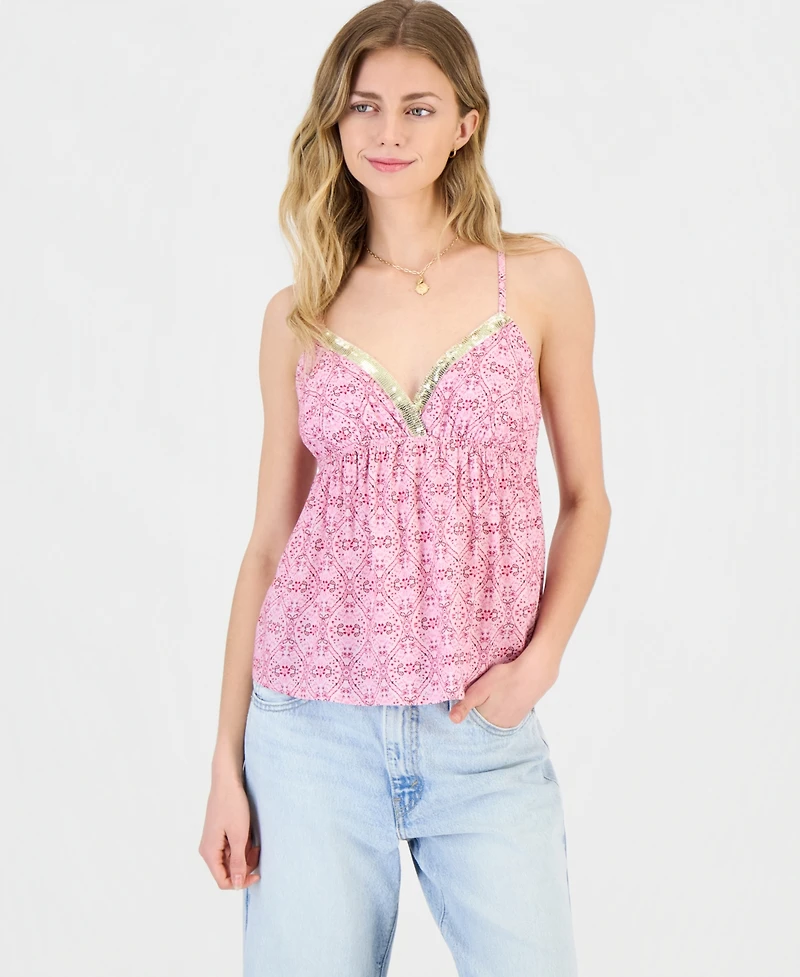 Just Polly Juniors' Sequin-Trim Printed Babydoll Tank
