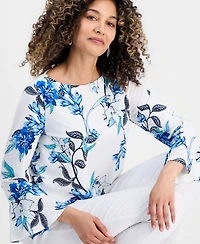 Jm Collection Petite Floral Flare-Sleeve Boat-Neck Top, Created for Macy's