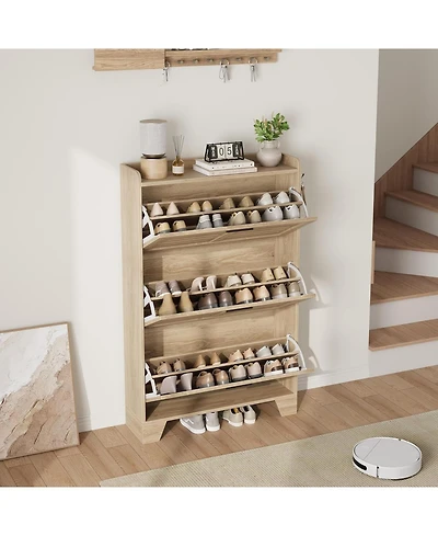 gaomon Shoe Storage Cabinet with 3 Flip Drawers, Freestanding Shoe Organizer Storage for Entryway with 2 Side Hooks, Shoe Rack Cabinet, Natural Oak