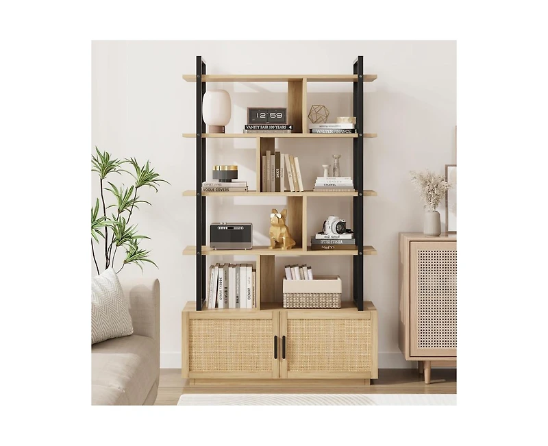 gaomon 5-Tier Rattan Bookshelf with Cabinet, 71.1 Inch Tall Bookcase with Open Display Shelves