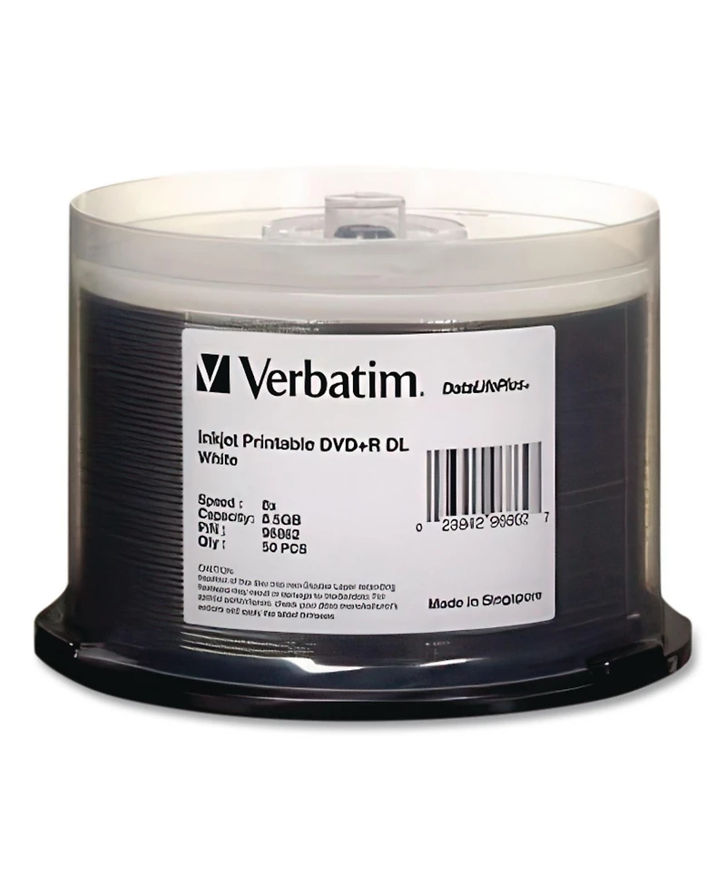 Verbatim 98319 Dvd+r Dual Layer Recordable Disc, 8.5gb, 8x, Printable, Spindle (50/Pack