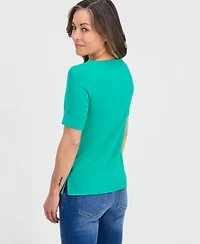 Style & Co Petite Cotton Elbow-Sleeve Boat-Neck Top, Exclusively at Macy's
