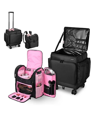 Byootique Rolling Makeup Train Case Soft Sided Travel Cosmetic Organizer Storage with Travel Make Bag Backpack