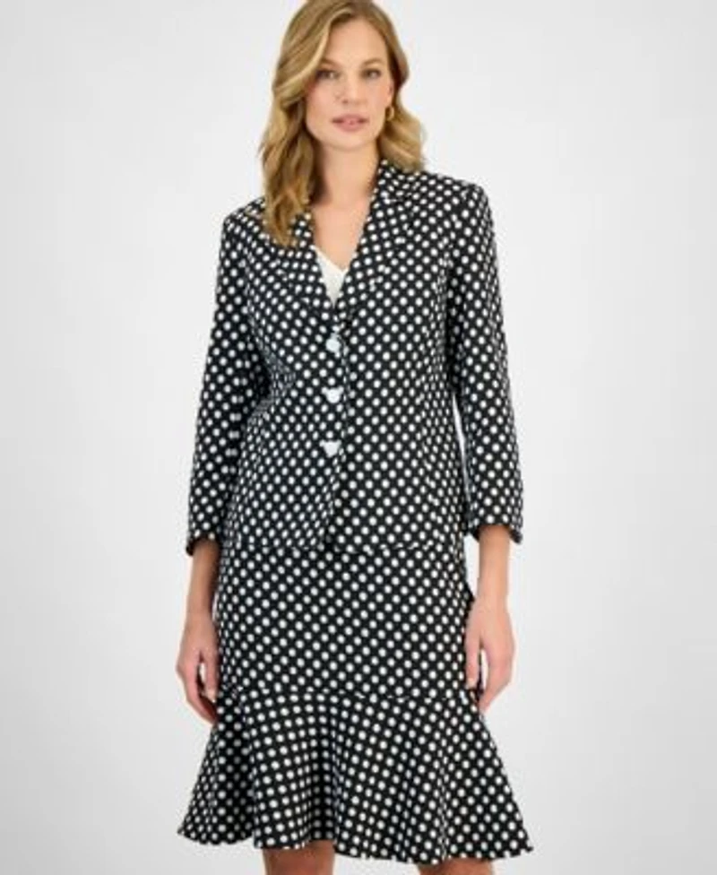 Kasper Womens Polka Dot Jacquard Blazer Ruffle Trim V Neck Top Polka Dot Flared Hem Pencil Skirt Regular Petite
