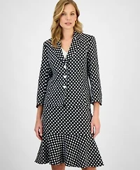 Kasper Womens Polka Dot Jacquard Blazer Ruffle Trim V Neck Top Polka Dot Flared Hem Pencil Skirt Regular Petite