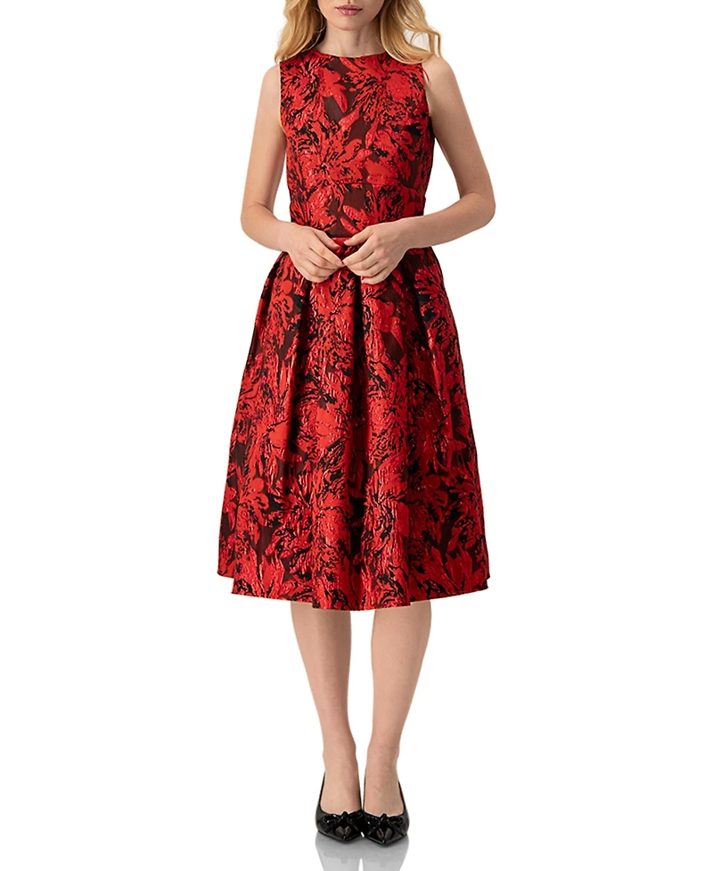 Ivonne Women's Sleeveless Red and Black Jacquard Midi Dress