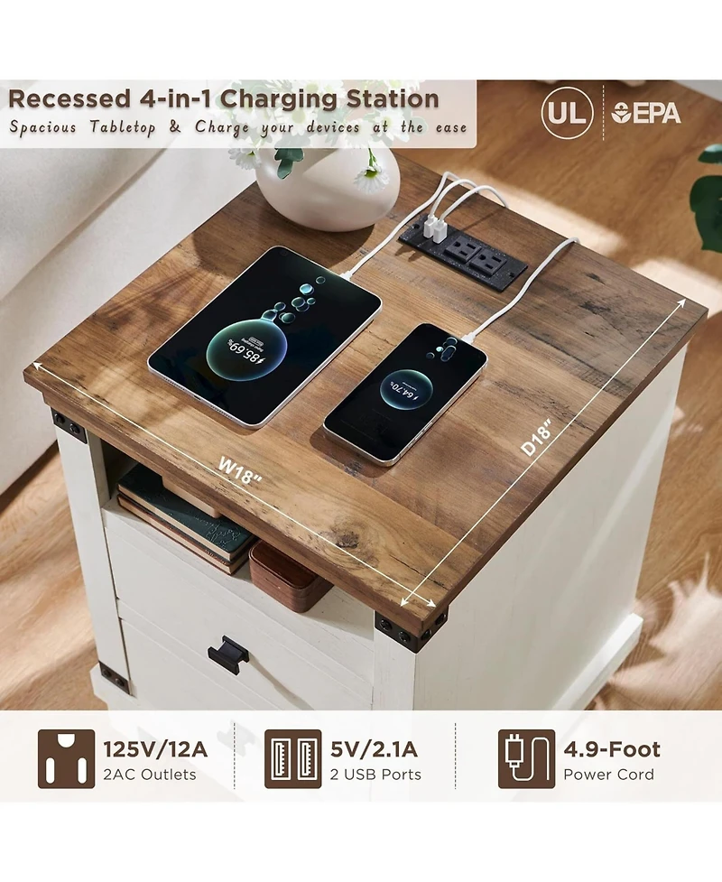 gaomon Set of 2 18 Inch Antique Farmhouse Nightstands, 2-Drawer Rustic Bedside Table with Charging Station