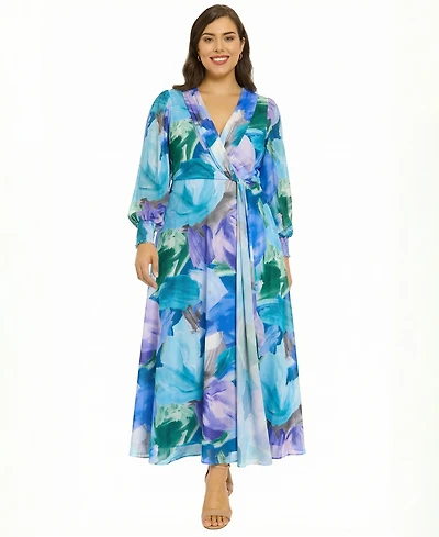 London Times Plus Long-Sleeve V-Neck Maxi Dress