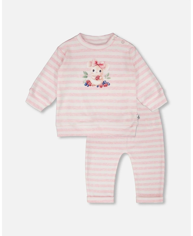Draft - Deux par Baby Girls Cotton Jersey Top and Pants Set White Pink Stripes