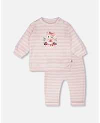 Draft - Deux par Baby Girls Cotton Jersey Top and Pants Set White Pink Stripes