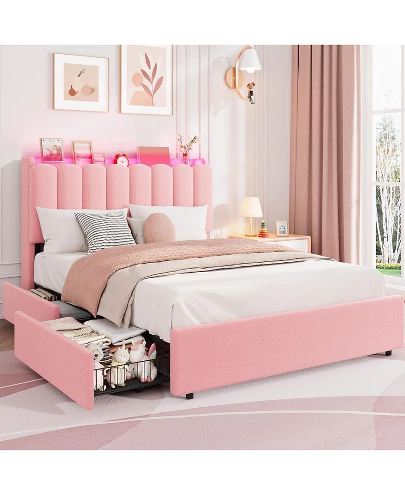 gaomon Full Size Boucle Upholstered Platform Bed with Wavy Headboard, Storage Bookcase, 2 Drawers, No Box Spring Needed