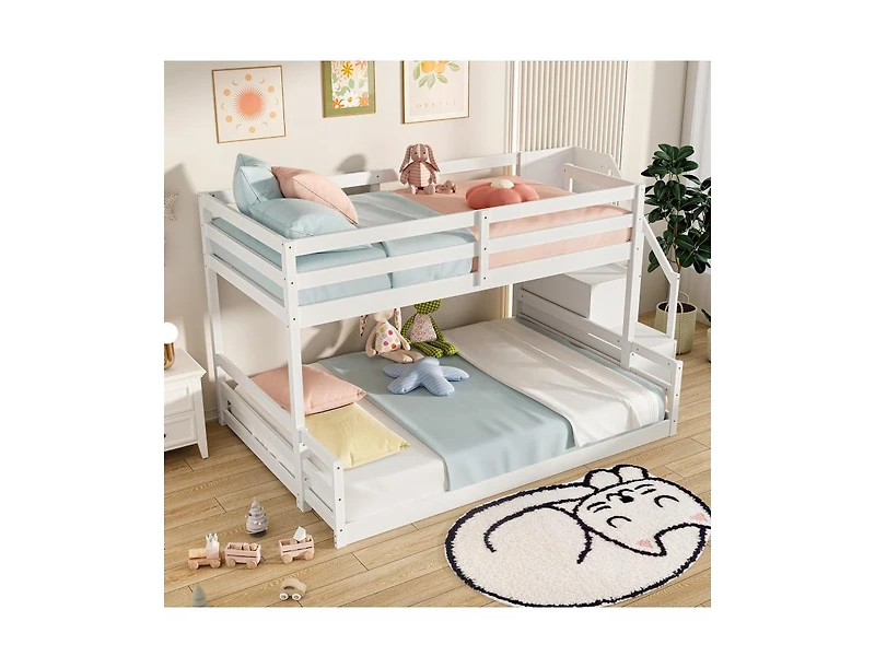 Solid Wood Twin-Over-Full Bunk Bed with Stair Storage